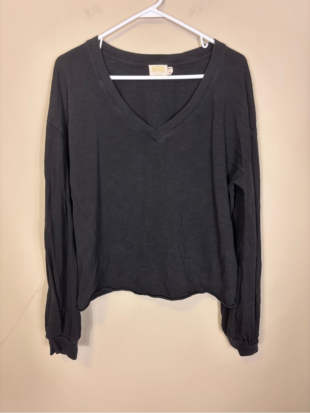 Nation LTD Black V-Neck Long Sleeve Cotton Top Large